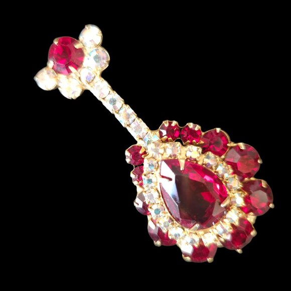 Vintage D and E Juliana Lute Musical Red Rhinestone Brooch Pin - Picture 1 of 9